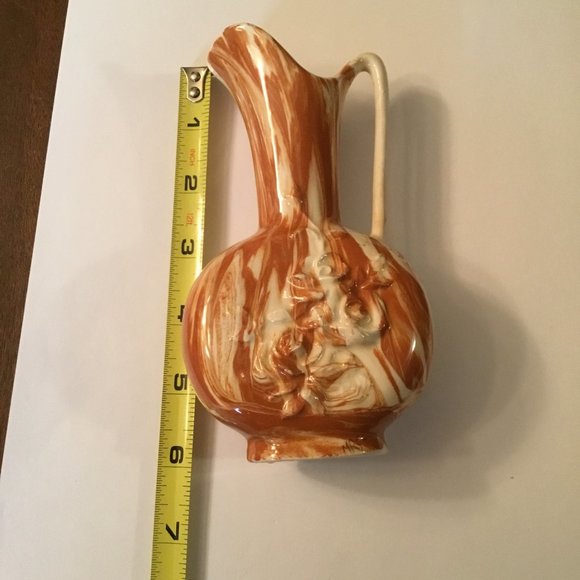 MRS marked Brown and Cream Swirl Pitcher Vase Embossed Floral Design - Picture 8 of 9